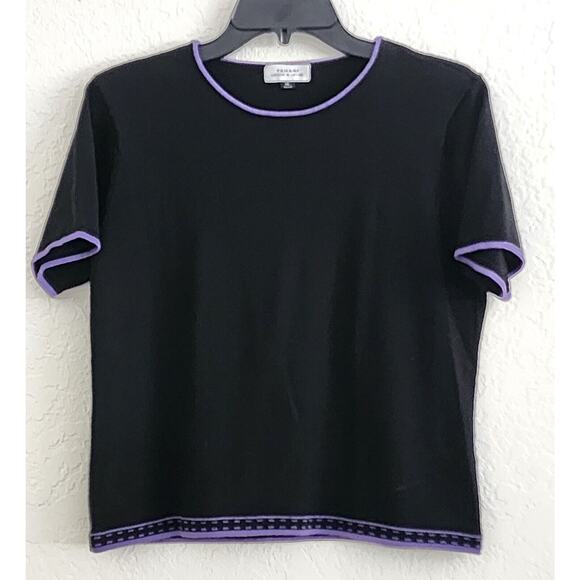 TOP/BLOUSE-TAHARI-Knit-Black-Purple Trim-Short Length-Short Sleeve-Size S/M - Picture 1 of 11